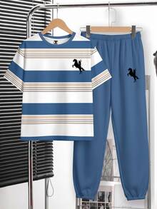 Teen Boy Casual Minimalist Short Sleeve Crew Neck T-Shirt And Long Pants Set, Suitable For Summer - Multicolor - View 3