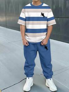 Teen Boy Casual Minimalist Short Sleeve Crew Neck T-Shirt And Long Pants Set, Suitable For Summer - Multicolor - View 1