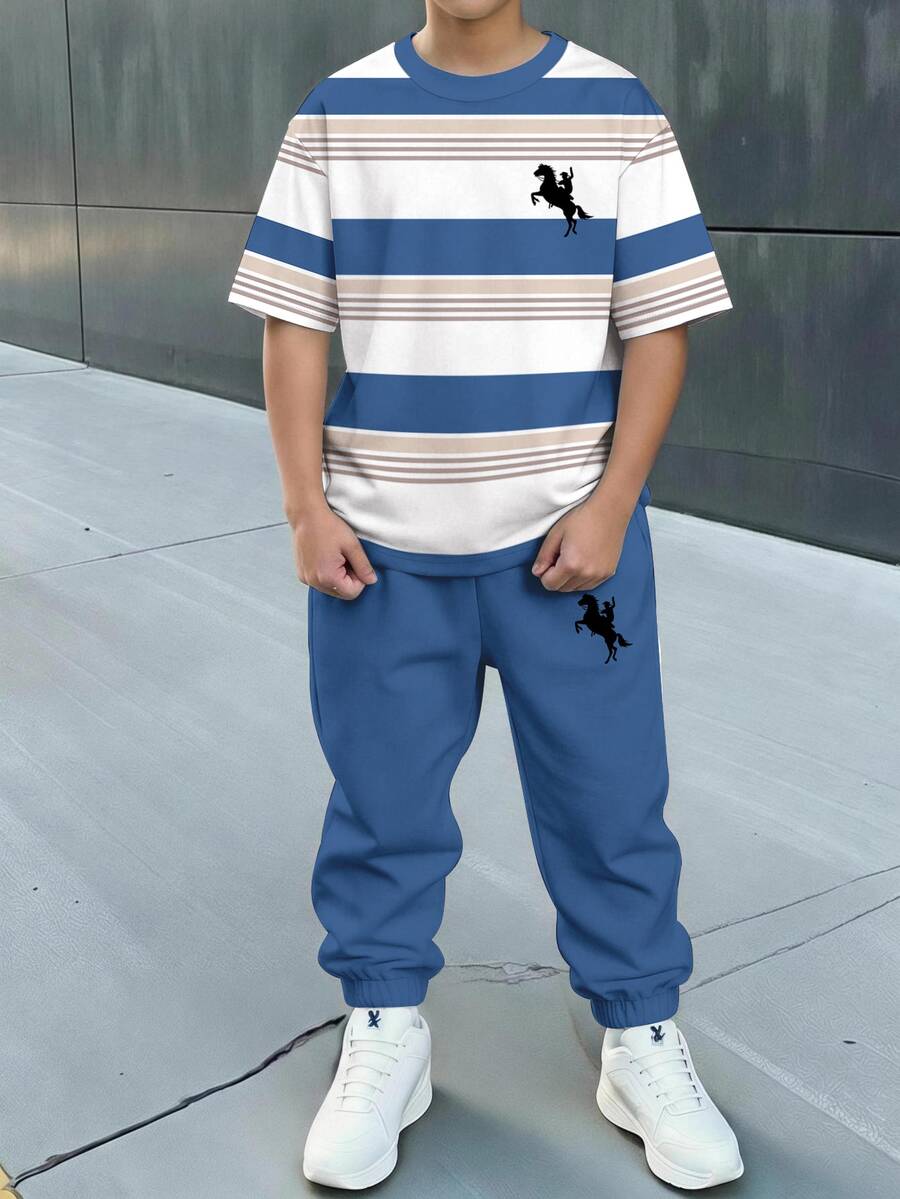 Teen Boy Casual Minimalist Short Sleeve Crew Neck T-Shirt And Long Pants Set, Suitable For Summer - Multicolor - View 1