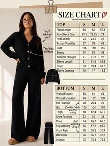 SHEIN Women Button Front Long Sleeve Casual Black Cardigan And Sweater Pant 2pcs Set Co-Ords - Black - View 4