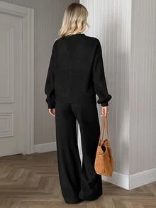 SHEIN Women Button Front Long Sleeve Casual Black Cardigan And Sweater Pant 2pcs Set Co-Ords - Black - View 2