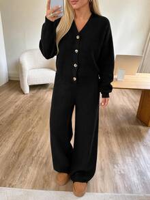 SHEIN Women Button Front Long Sleeve Casual Black Cardigan And Sweater Pant 2pcs Set Co-Ords - Black - View 1