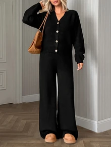SHEIN Women Button Front Long Sleeve Casual Black Cardigan And Sweater Pant 2pcs Set Co-Ords - Black - View 6