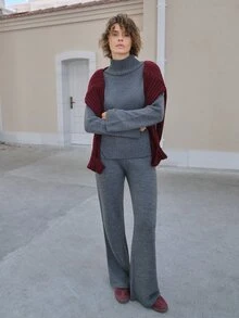 SHEIN Women Relaxed Fit Turtle-Neck Sweater With Rib Knit Detailed And Straight Knit Pant Set - Dark Grey - View 8