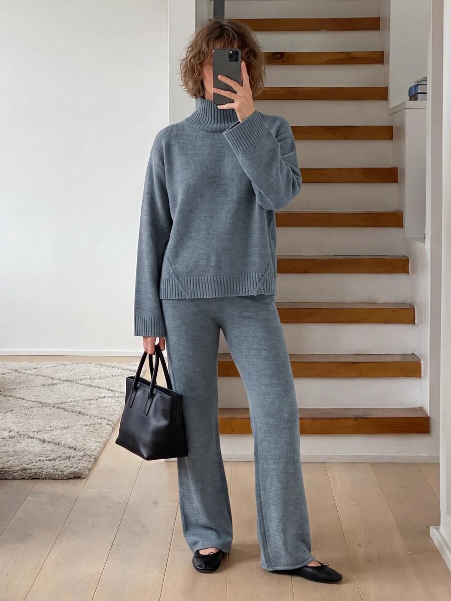 SHEIN Women Relaxed Fit Turtle-Neck Sweater With Rib Knit Detailed And Straight Knit Pant Set - Dark Grey - View 1
