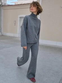 SHEIN Women Relaxed Fit Turtle-Neck Sweater With Rib Knit Detailed And Straight Knit Pant Set - Dark Grey - View 7