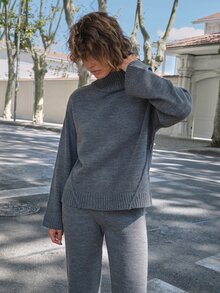 SHEIN Women Relaxed Fit Turtle-Neck Sweater With Rib Knit Detailed And Straight Knit Pant Set - Dark Grey - View 3