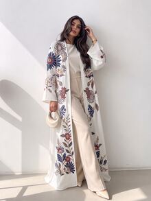 Al Najma 女款仿刺繡花卉印花阿巴雅長袍，秋冬時尚開襟寬袖喇叭袖直筒長版外衣，適合日常街頭穿搭、晚宴派對造型 - 彩色 - 查看 5