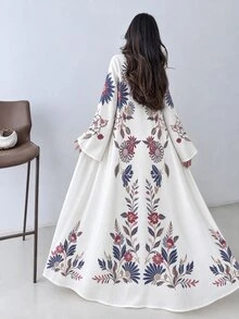 Al Najma 女款仿刺繡花卉印花阿巴雅長袍，秋冬時尚開襟寬袖喇叭袖直筒長版外衣，適合日常街頭穿搭、晚宴派對造型 - 彩色 - 查看 2