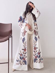 Al Najma 女款仿刺繡花卉印花阿巴雅長袍，秋冬時尚開襟寬袖喇叭袖直筒長版外衣，適合日常街頭穿搭、晚宴派對造型 - 彩色 - 查看 4