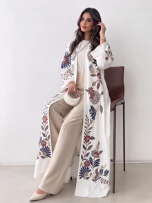Al Najma 女款仿刺繡花卉印花阿巴雅長袍，秋冬時尚開襟寬袖喇叭袖直筒長版外衣，適合日常街頭穿搭、晚宴派對造型 - 彩色 - 查看 3
