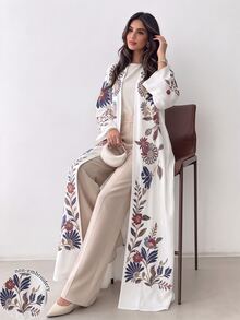 Al Najma 女款仿刺繡花卉印花阿巴雅長袍，秋冬時尚開襟寬袖喇叭袖直筒長版外衣，適合日常街頭穿搭、晚宴派對造型 - 彩色 - 查看 1