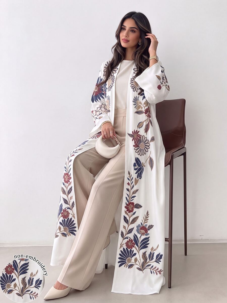 Al Najma 女款仿刺繡花卉印花阿巴雅長袍,秋冬時尚開襟寬袖喇叭袖直筒長版外衣,適合日常街頭穿搭、晚宴派對造型 - 彩色 - 查看 1