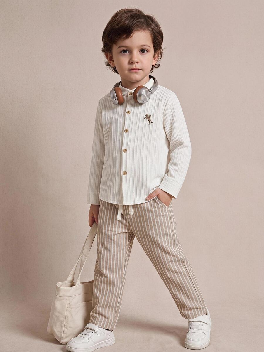 PrepCrw Kids Young Boys Collegiate Style Logo Embroidered Stand Collar Long Sleeve Shirt/Pants Set