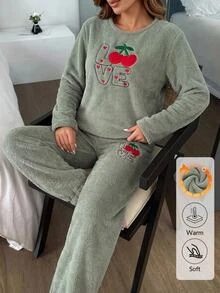SHEIN Sage Green Fuzzy Plush Cherry Love Embroidery Cozy Winter Homewear Pajama Set Lounge Sleep Cute - Green - View 2