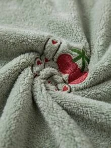 SHEIN Sage Green Fuzzy Plush Cherry Love Embroidery Cozy Winter Homewear Pajama Set Lounge Sleep Cute - Green - View 8