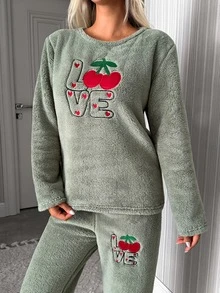 SHEIN Sage Green Fuzzy Plush Cherry Love Embroidery Cozy Winter Homewear Pajama Set Lounge Sleep Cute - Green - View 6