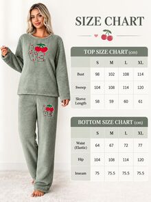 SHEIN Sage Green Fuzzy Plush Cherry Love Embroidery Cozy Winter Homewear Pajama Set Lounge Sleep Cute - Green - View 4