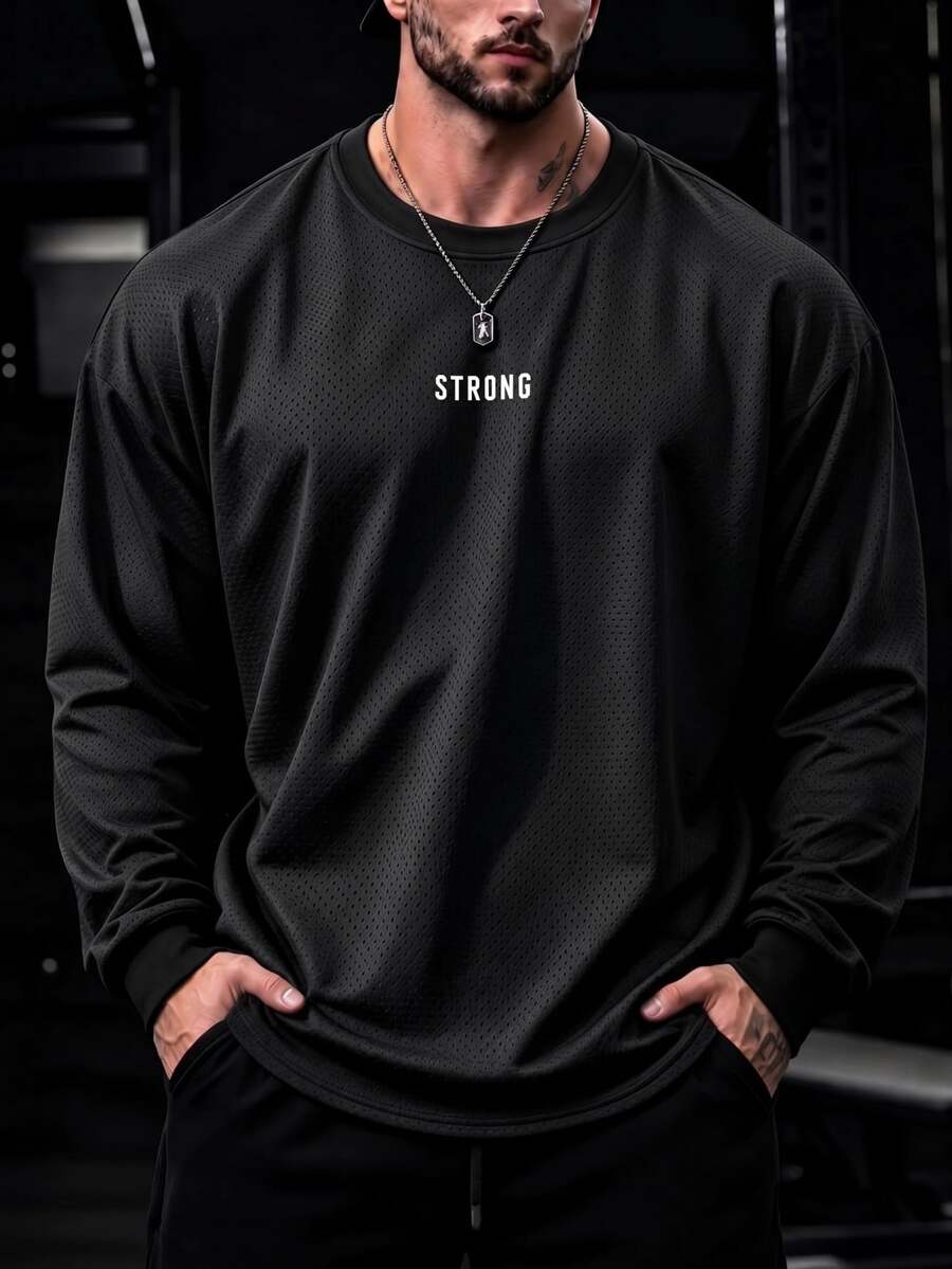 Coreblaze Men's Round Neck Long Sleeve Letter Print T-Shirt,4-Way Stretch Sweat-Wicking Seamless Design Black And White Summer Athleisure Gym Physique-Enhancing - Black - View 1