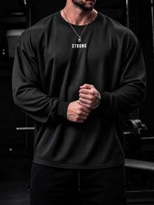 Coreblaze Men's Round Neck Long Sleeve Letter Print T-Shirt,4-Way Stretch Sweat-Wicking Seamless Design Black And White Summer Athleisure Gym Physique-Enhancing - Black - View 3