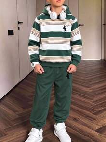 Tween Boys Line Colorblock Print Pattern Contrast Color Autumn/Winter Hoodie Sweatshirt Set School Black And White Striped Black - Multicolor - View 1