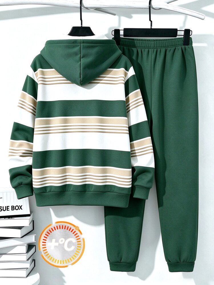 Tween Boys Line Colorblock Print Pattern Contrast Color Autumn/Winter Hoodie Sweatshirt Set School Black And White Striped Black - Multicolor - View 2