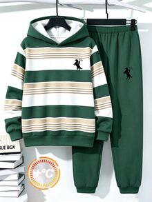Tween Boys Line Colorblock Print Pattern Contrast Color Autumn/Winter Hoodie Sweatshirt Set School Black And White Striped Black - Multicolor - View 3