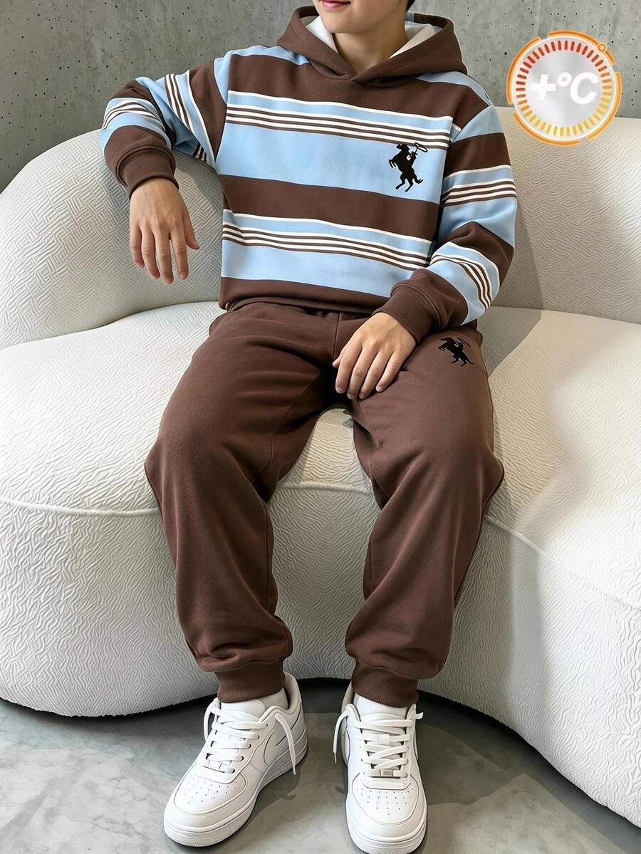 Tween Boys Line Colorblock Print Pattern Contrast Color Autumn/Winter Hoodie Sweatshirt Set School Black And White Striped Black - Multicolor - View 1