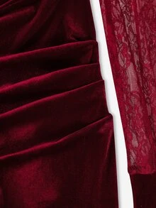 GlowEve Winter Clothes Women's Burgundy Velvet Mini Dress, Lace Mock Neck, Cowl VInset - Red - View 3