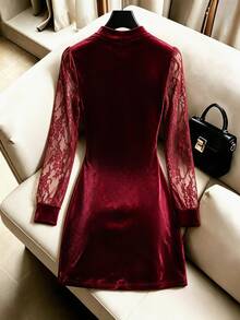GlowEve Winter Clothes Women's Burgundy Velvet Mini Dress, Lace Mock Neck, Cowl VInset - Red - View 2