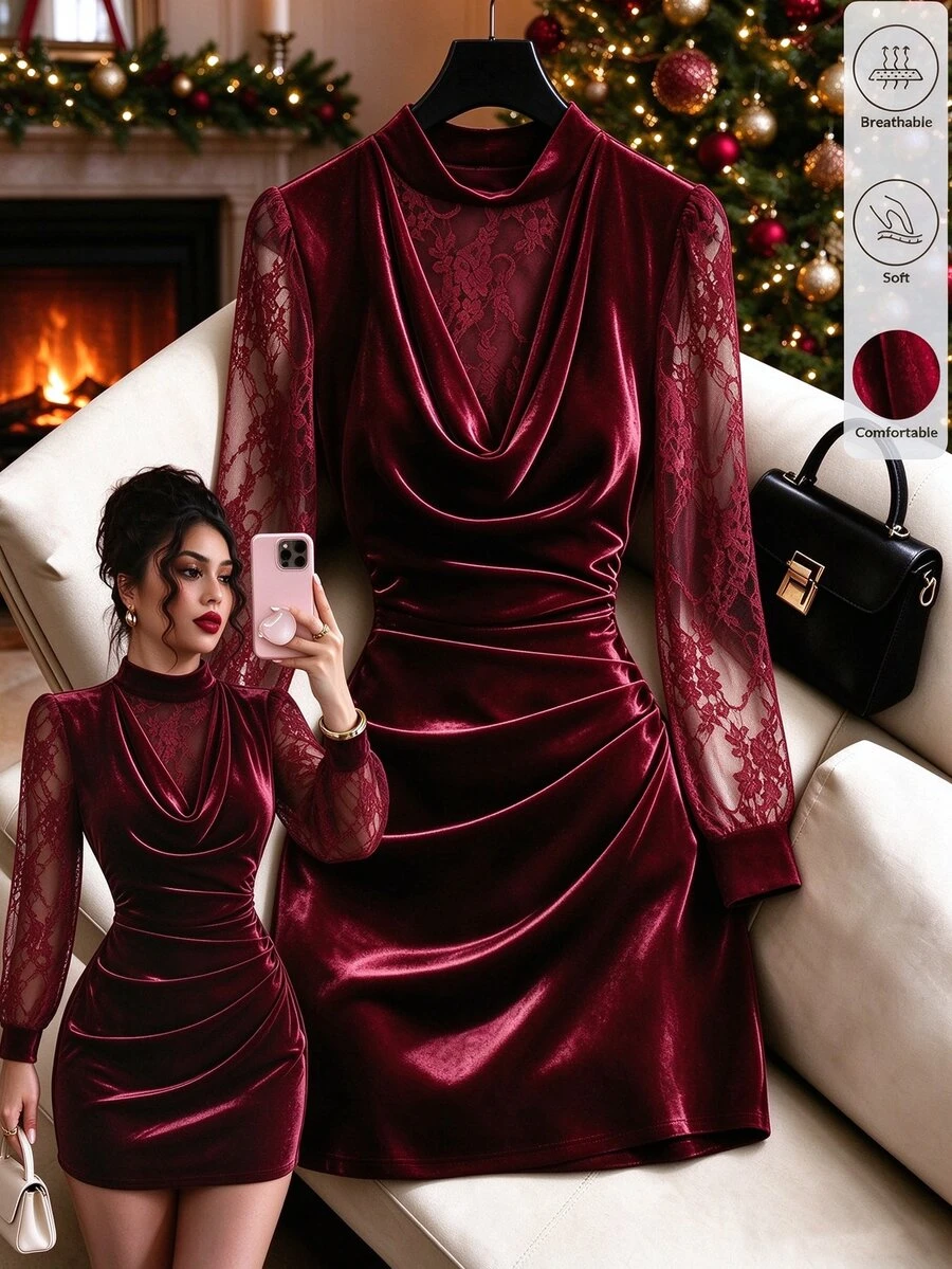 GlowEve Winter Clothes Women's Burgundy Velvet Mini Dress, Lace Mock Neck, Cowl VInset - Red - View 1