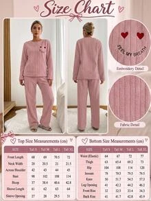 SHEIN طقم ملابس منزلية من الفلانيل بحجم طويل مع تطريز قلب وطباعة حروف - بطيخ وردي اللون - مشاهدة 5