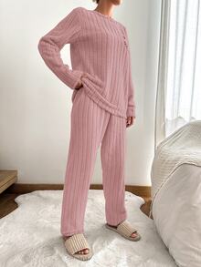SHEIN طقم ملابس منزلية من الفلانيل بحجم طويل مع تطريز قلب وطباعة حروف - بطيخ وردي اللون - مشاهدة 6