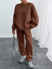 SHEIN طقم نسائي بسيط من سويت شيرت بأكمام طويلة وبنطال مطوي مع جيوب - بني - مشاهدة 11