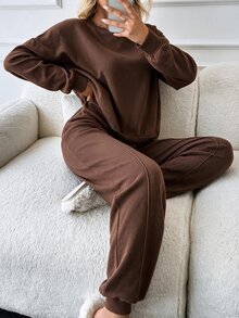 SHEIN طقم نسائي بسيط من سويت شيرت بأكمام طويلة وبنطال مطوي مع جيوب - بني - مشاهدة 7