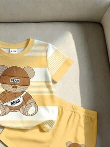 SHEIN Baby Boy Crew Neck Cartoon Pattern Colorblock Short Sleeve T-Shirt And Shorts Set, Suitable For Outdoor Activities,School Clothes - Multicolor - View 5