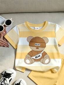 SHEIN Baby Boy Crew Neck Cartoon Pattern Colorblock Short Sleeve T-Shirt And Shorts Set, Suitable For Outdoor Activities,School Clothes - Multicolor - View 6