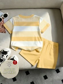 SHEIN Baby Boy Crew Neck Cartoon Pattern Colorblock Short Sleeve T-Shirt And Shorts Set, Suitable For Outdoor Activities,School Clothes - Multicolor - View 2