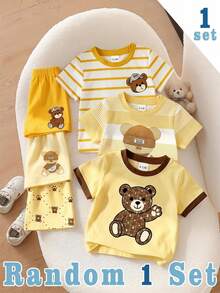 SHEIN Baby Boy Crew Neck Cartoon Pattern Colorblock Short Sleeve T-Shirt And Shorts Set, Suitable For Outdoor Activities,School Clothes - Multicolor - View 1