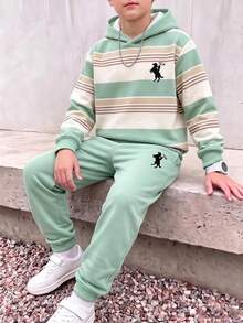 Tween Boys Line Colorblock Print Pattern Contrast Color Autumn/Winter Hoodie Sweatshirt Set School Black And White Striped Black - Multicolor - View 1