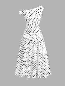 Teen Girl Polka Dot Print Asymmetric Shoulder Pleated Fashion Dress - Black and White - View 2