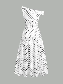 Teen Girl Polka Dot Print Asymmetric Shoulder Pleated Fashion Dress - Black and White - View 3
