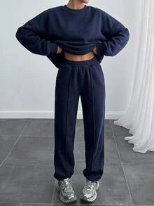 SHEIN Women's Minimalist Long Sleeve Sweatshirt And Pocket Pleated Pants Set - Navy Blue - View 4