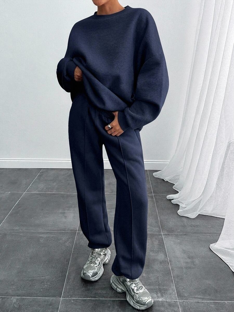 SHEIN Women's Minimalist Long Sleeve Sweatshirt And Pocket Pleated Pants Set - Navy Blue - View 1