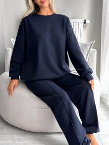 SHEIN Women's Minimalist Long Sleeve Sweatshirt And Pocket Pleated Pants Set - Navy Blue - View 8