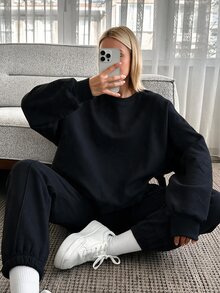 SHEIN Women's Minimalist Long Sleeve Sweatshirt And Pocket Pleated Pants Set - Navy Blue - View 12