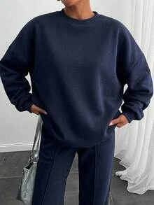 SHEIN Women's Minimalist Long Sleeve Sweatshirt And Pocket Pleated Pants Set - Navy Blue - View 9