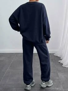 SHEIN Women's Minimalist Long Sleeve Sweatshirt And Pocket Pleated Pants Set - Navy Blue - View 3