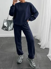 SHEIN Women's Minimalist Long Sleeve Sweatshirt And Pocket Pleated Pants Set - Navy Blue - View 7