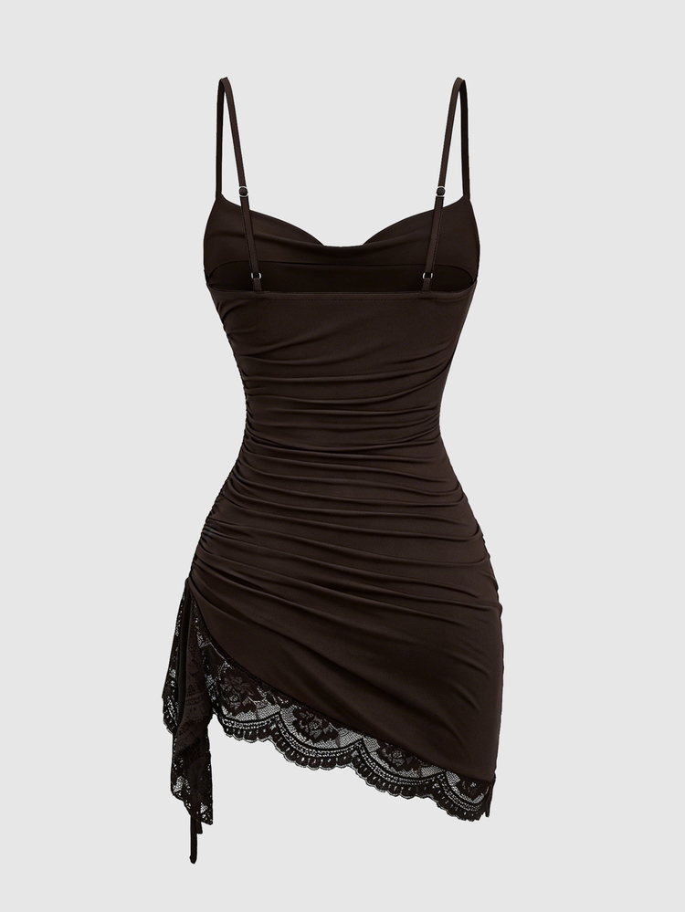 Sweetra Women's Sexy Cowl Neck Lace Patchwork Pleated Cami Dress - Coffee - View 3